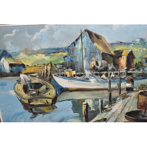 778 - FIGURES WORKING ON FISHING BOATS IN A SMALL HARBOUR, dilapidated buildings line the jetty, indistinc... 