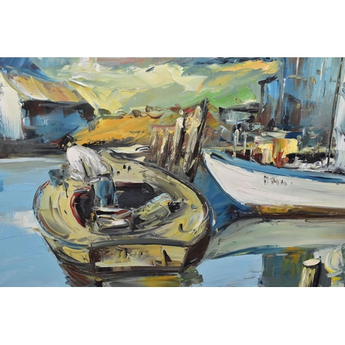 778 - FIGURES WORKING ON FISHING BOATS IN A SMALL HARBOUR, dilapidated buildings line the jetty, indistinc... 