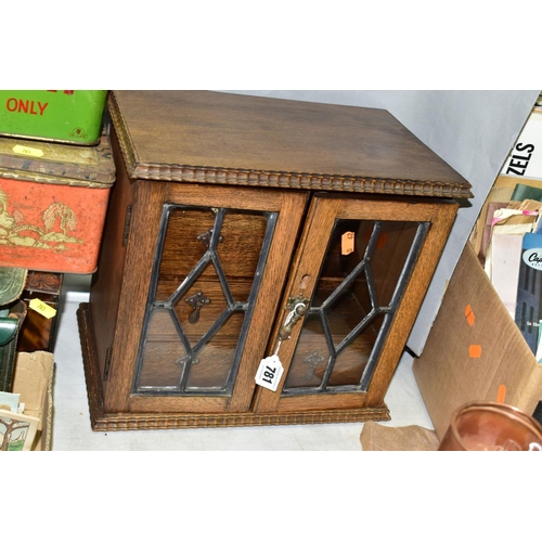 781 - AN OAK SMOKERS CABINET, lacks tobacco jar and key, approximate dimensions - height 29cm, width 31cm,... 