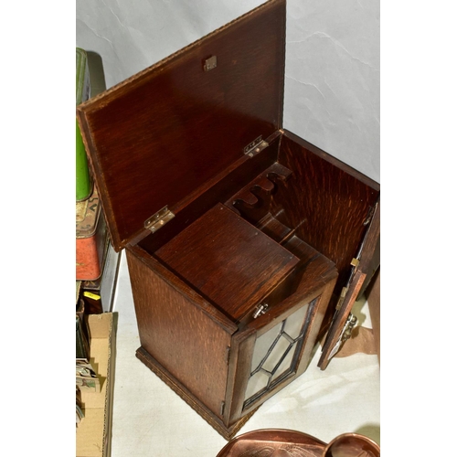 781 - AN OAK SMOKERS CABINET, lacks tobacco jar and key, approximate dimensions - height 29cm, width 31cm,... 