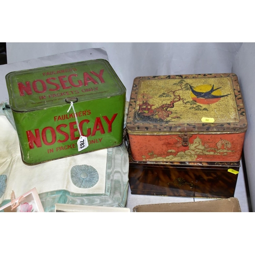 783 - ADVERTISING TINS ETC, comprising  Faulkners Nosegay counter top display box, two Blue Bird toffee ti... 