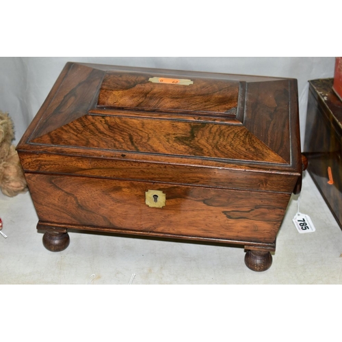 785 - A VICTORIAN ROSEWOOD WORK BOX WITH TWIN HANDLES,  red silk lining in need of some restoration, chip ... 