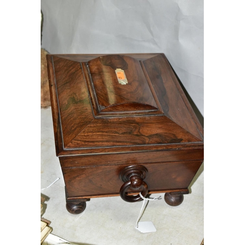 785 - A VICTORIAN ROSEWOOD WORK BOX WITH TWIN HANDLES,  red silk lining in need of some restoration, chip ... 