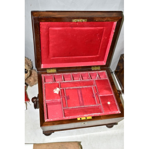 785 - A VICTORIAN ROSEWOOD WORK BOX WITH TWIN HANDLES,  red silk lining in need of some restoration, chip ... 