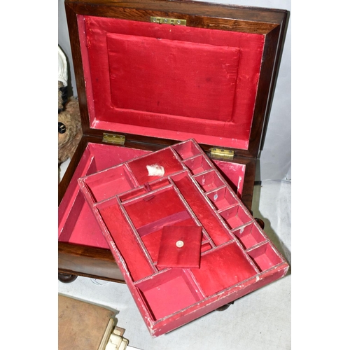 785 - A VICTORIAN ROSEWOOD WORK BOX WITH TWIN HANDLES,  red silk lining in need of some restoration, chip ... 