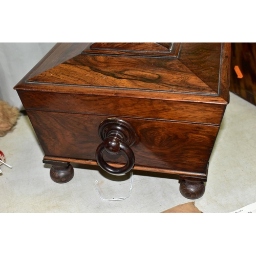 785 - A VICTORIAN ROSEWOOD WORK BOX WITH TWIN HANDLES,  red silk lining in need of some restoration, chip ... 