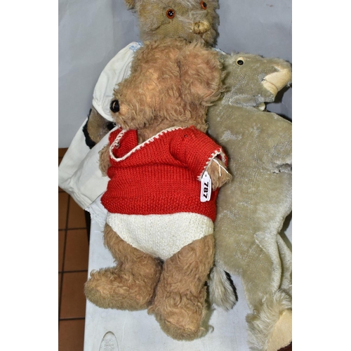 787 - THREE 20TH CENTURY SOFT TOYS , comprising a jointed bear with well-worn plush and replacement pads t... 