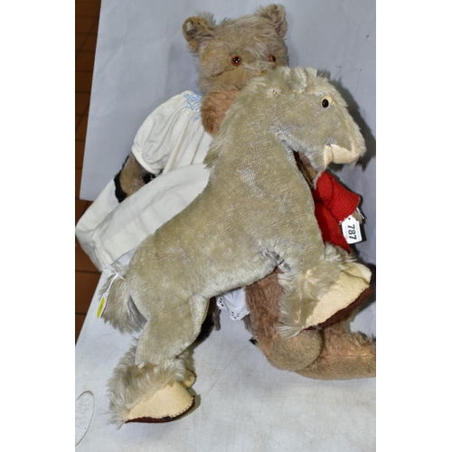 787 - THREE 20TH CENTURY SOFT TOYS , comprising a jointed bear with well-worn plush and replacement pads t... 