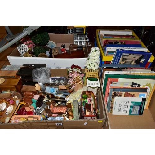 791 - FOUR BOXES OF DOLLS HOUSE FURNITURE, ACCESSORIES AND DOLL RELATED BOOKS ETC, furniture includes beds... 