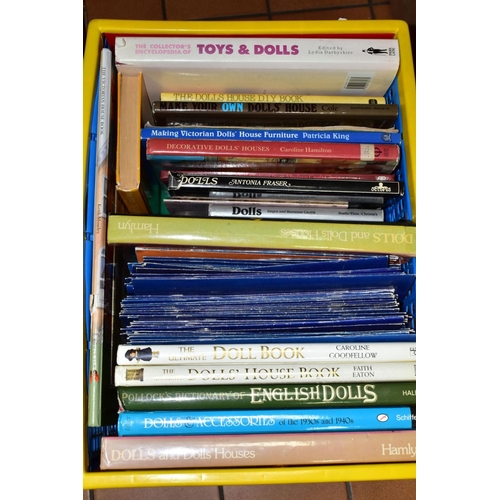 791 - FOUR BOXES OF DOLLS HOUSE FURNITURE, ACCESSORIES AND DOLL RELATED BOOKS ETC, furniture includes beds... 