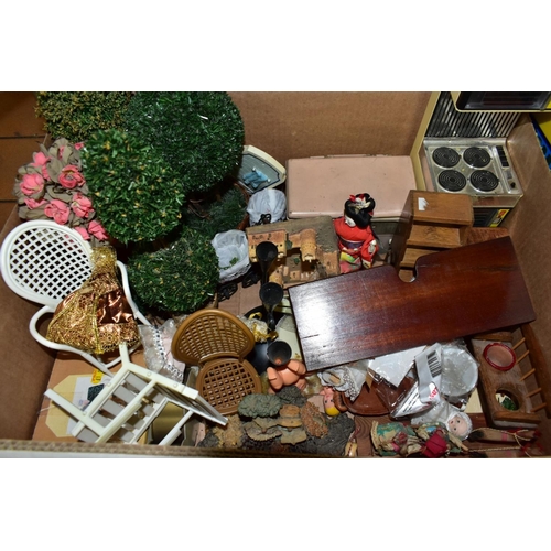 791 - FOUR BOXES OF DOLLS HOUSE FURNITURE, ACCESSORIES AND DOLL RELATED BOOKS ETC, furniture includes beds... 