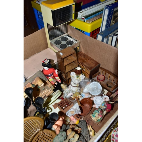 791 - FOUR BOXES OF DOLLS HOUSE FURNITURE, ACCESSORIES AND DOLL RELATED BOOKS ETC, furniture includes beds... 