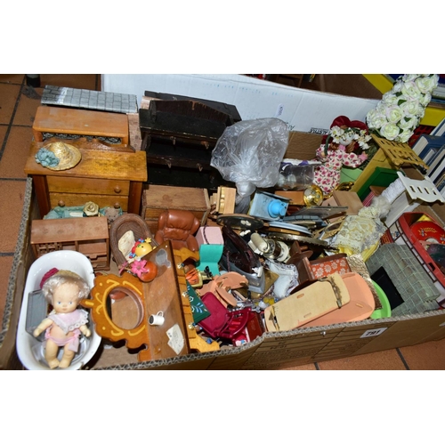 791 - FOUR BOXES OF DOLLS HOUSE FURNITURE, ACCESSORIES AND DOLL RELATED BOOKS ETC, furniture includes beds... 