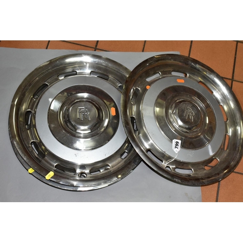 799 - A SET OF FOUR CHROME ROLLS ROYCE HUB CAPS,  diameter 42.5cm, with light grey band and central Rolls ... 