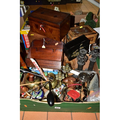 803 - A BOX AND LOOSE METALWARES, TREEN AND SUNDRY ITEMS, to include a small hanging letter rack, assorted... 