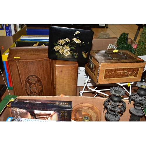 803 - A BOX AND LOOSE METALWARES, TREEN AND SUNDRY ITEMS, to include a small hanging letter rack, assorted... 