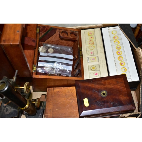 809 - A BOX OF MICROSCOPE PARTS AND SLIDES, to include an unmarked brass microscope in a wooden case (in p... 