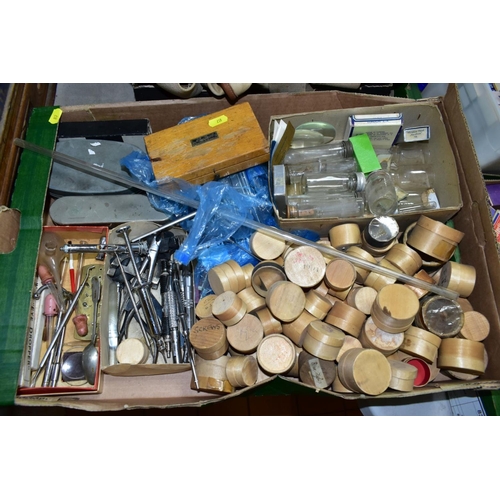 817 - A BOX OF VINTAGE DENTAL TOOLS AND SUNDRY ITEMS ETC, to include a quantity of dental probes, glass bo... 