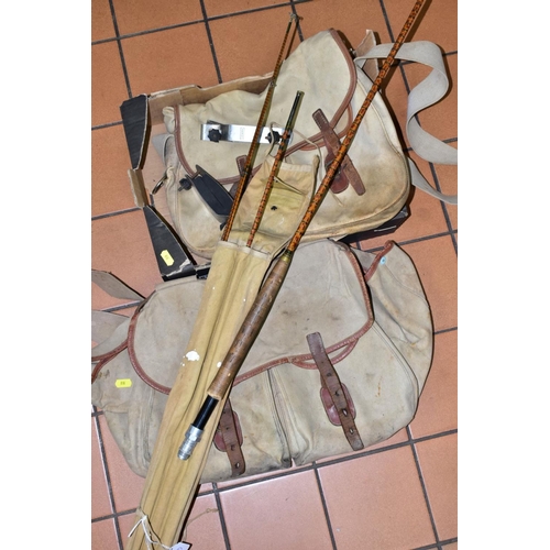 818 - VINTAGE FISHING EQUIPMENT COMPRISING A HARDY SPLIT CANE TWIN TIP ROD, model name is rubbed, approxim... 