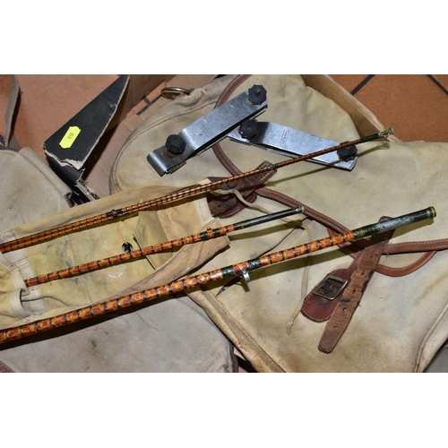 818 - VINTAGE FISHING EQUIPMENT COMPRISING A HARDY SPLIT CANE TWIN TIP ROD, model name is rubbed, approxim... 