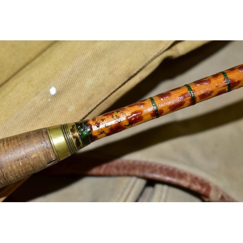 818 - VINTAGE FISHING EQUIPMENT COMPRISING A HARDY SPLIT CANE TWIN TIP ROD, model name is rubbed, approxim... 