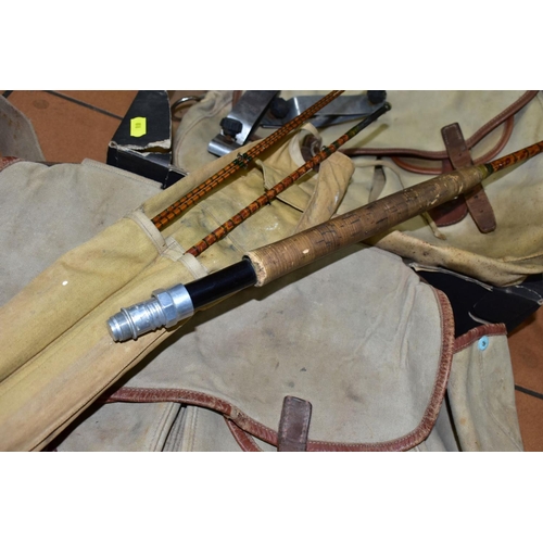 818 - VINTAGE FISHING EQUIPMENT COMPRISING A HARDY SPLIT CANE TWIN TIP ROD, model name is rubbed, approxim... 