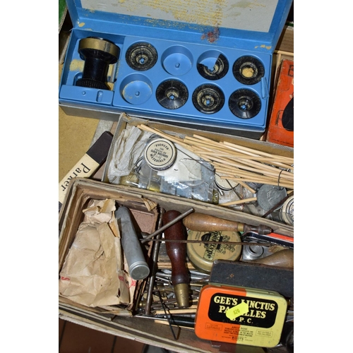 820 - FIVE BOXES OF SPECIALIST WATCHMAKING EQUIPMENT AND OTHER TOOLS, to include a brass depthing tool sta... 