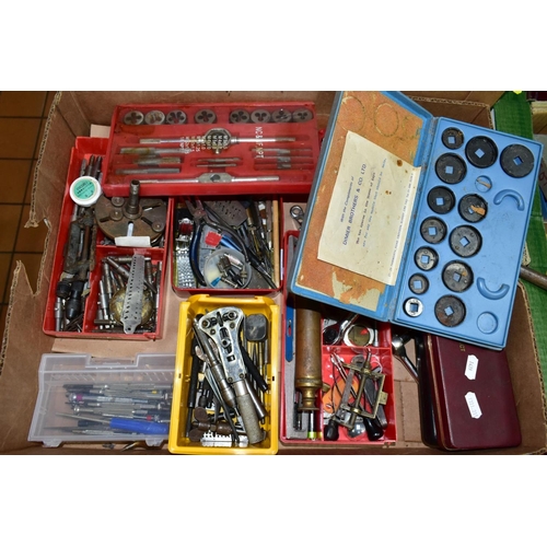 820 - FIVE BOXES OF SPECIALIST WATCHMAKING EQUIPMENT AND OTHER TOOLS, to include a brass depthing tool sta... 