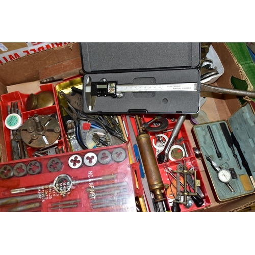 820 - FIVE BOXES OF SPECIALIST WATCHMAKING EQUIPMENT AND OTHER TOOLS, to include a brass depthing tool sta... 