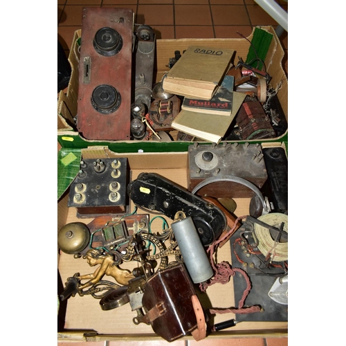 821 - TWO BOXES OF VINTAGE  WIRELESS AND TELEPHONE EQUIPMENT AND ACCESSORIES ETC, to include a GPO model 5... 