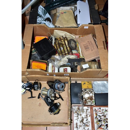 823 - THREE BOXES OF VINTAGE FISHING EQUIPMENT ETC, to include a quantity of pre tied flies, fly making eq... 