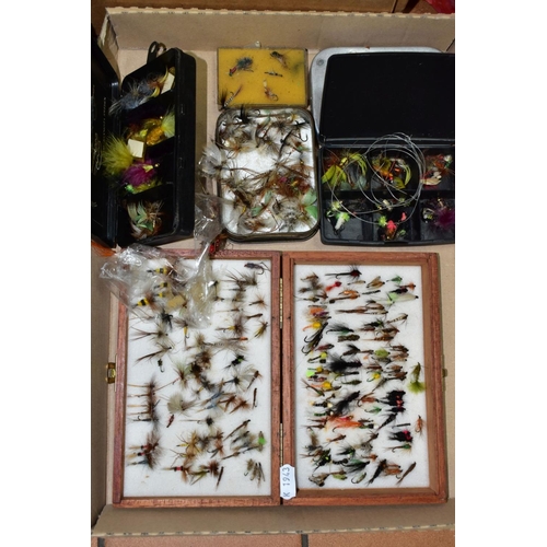 823 - THREE BOXES OF VINTAGE FISHING EQUIPMENT ETC, to include a quantity of pre tied flies, fly making eq... 