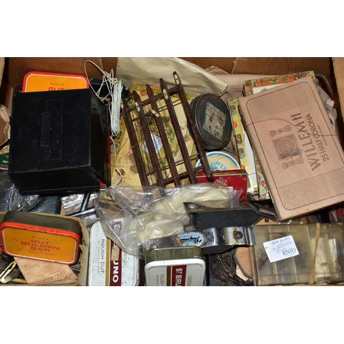 823 - THREE BOXES OF VINTAGE FISHING EQUIPMENT ETC, to include a quantity of pre tied flies, fly making eq... 