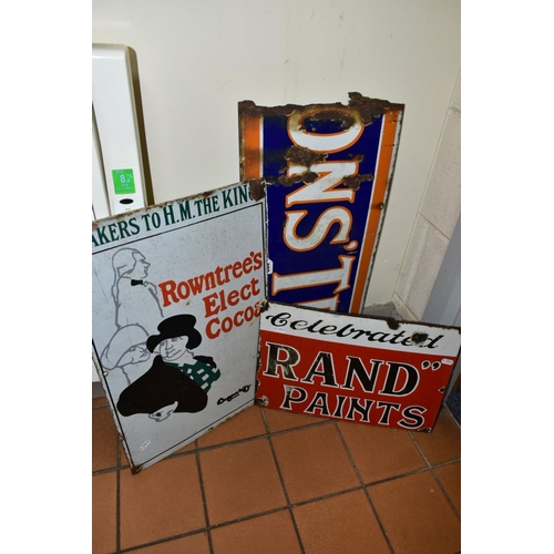 827 - THREE ENAMEL ADVERTISING SIGNS, to include Celebrated Rand Paints 28 x 41cm, a Rowntree's Elect Coco... 