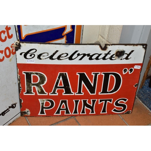 827 - THREE ENAMEL ADVERTISING SIGNS, to include Celebrated Rand Paints 28 x 41cm, a Rowntree's Elect Coco... 