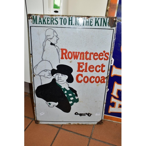 827 - THREE ENAMEL ADVERTISING SIGNS, to include Celebrated Rand Paints 28 x 41cm, a Rowntree's Elect Coco... 