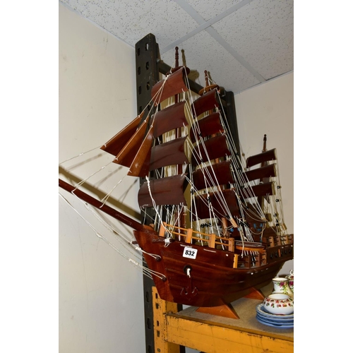 832 - A LARGE WOODEN MODEL SAILING SHIP, probably Vietnamese, late twentieth century/contemporary, with wo... 