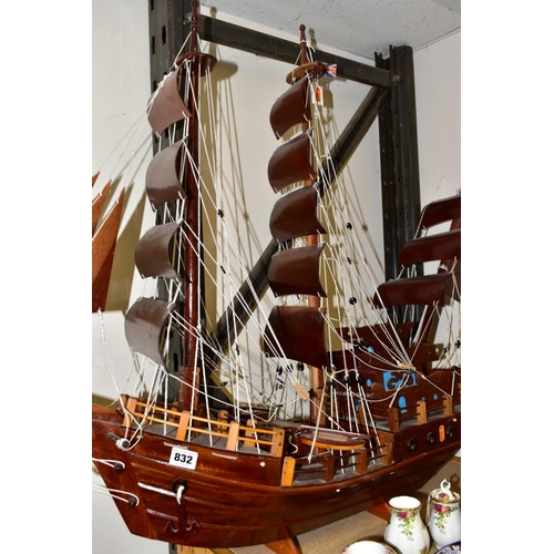 832 - A LARGE WOODEN MODEL SAILING SHIP, probably Vietnamese, late twentieth century/contemporary, with wo... 