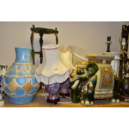 834 - A GROUP OF LAMPS, CERAMICS AND METALWARES, to include a three tier painted metal plant stand height ... 