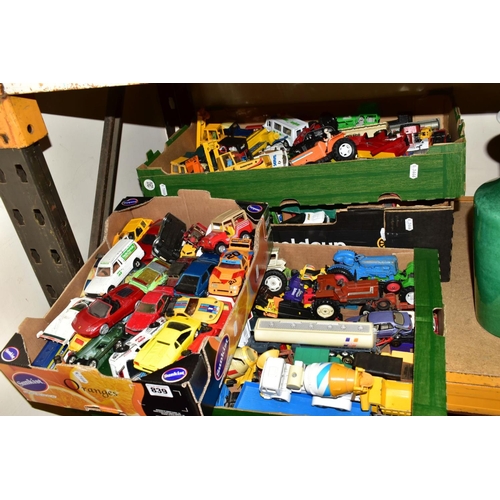 839 - FOUR BOXES OF UNBOXED AND ASSORTED PLAYWORN DIECAST VEHICLES, a large quantity of vehicles to includ... 