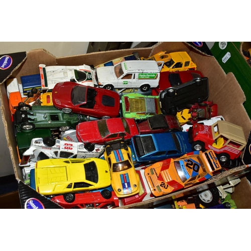 839 - FOUR BOXES OF UNBOXED AND ASSORTED PLAYWORN DIECAST VEHICLES, a large quantity of vehicles to includ... 