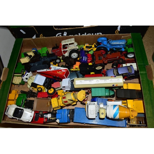 839 - FOUR BOXES OF UNBOXED AND ASSORTED PLAYWORN DIECAST VEHICLES, a large quantity of vehicles to includ... 