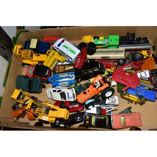 839 - FOUR BOXES OF UNBOXED AND ASSORTED PLAYWORN DIECAST VEHICLES, a large quantity of vehicles to includ... 