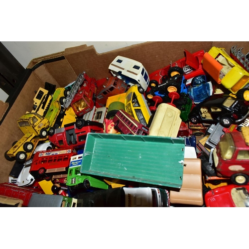 839 - FOUR BOXES OF UNBOXED AND ASSORTED PLAYWORN DIECAST VEHICLES, a large quantity of vehicles to includ... 