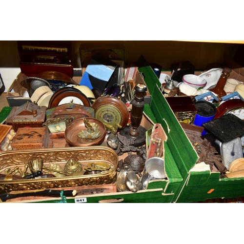 841 - FIVE BOXES OF TREEN, CERAMICS, METALWARES, STAMPS AND SUNDRY ITEMS, to include decorative brass and ... 