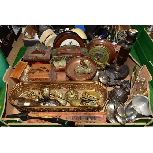 841 - FIVE BOXES OF TREEN, CERAMICS, METALWARES, STAMPS AND SUNDRY ITEMS, to include decorative brass and ... 