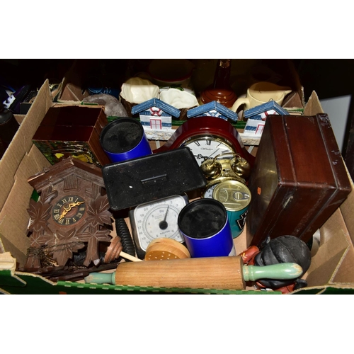 841 - FIVE BOXES OF TREEN, CERAMICS, METALWARES, STAMPS AND SUNDRY ITEMS, to include decorative brass and ... 