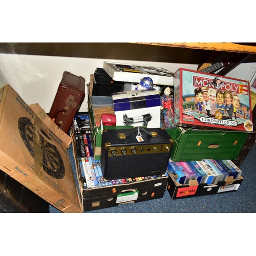 843 - FOUR BOXES AND LOOSE AUDIO EQUIPMENT, DVDS, CDS, TOYS AND SUNDRY ITEMS, to include a Bush Classic am... 