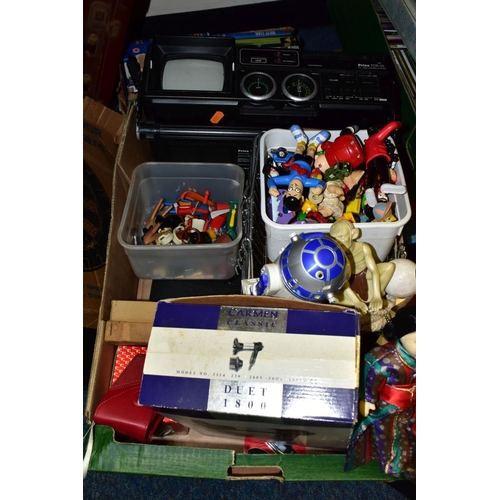 843 - FOUR BOXES AND LOOSE AUDIO EQUIPMENT, DVDS, CDS, TOYS AND SUNDRY ITEMS, to include a Bush Classic am... 