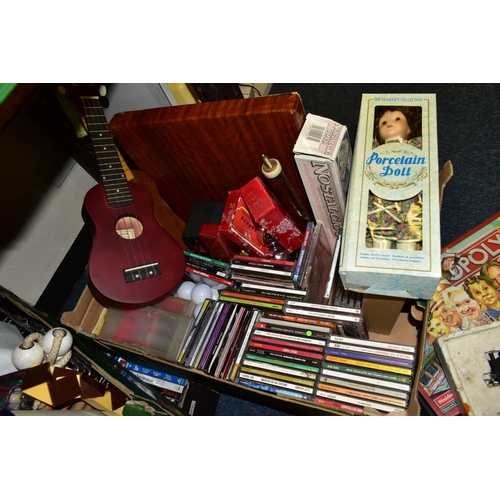 843 - FOUR BOXES AND LOOSE AUDIO EQUIPMENT, DVDS, CDS, TOYS AND SUNDRY ITEMS, to include a Bush Classic am... 